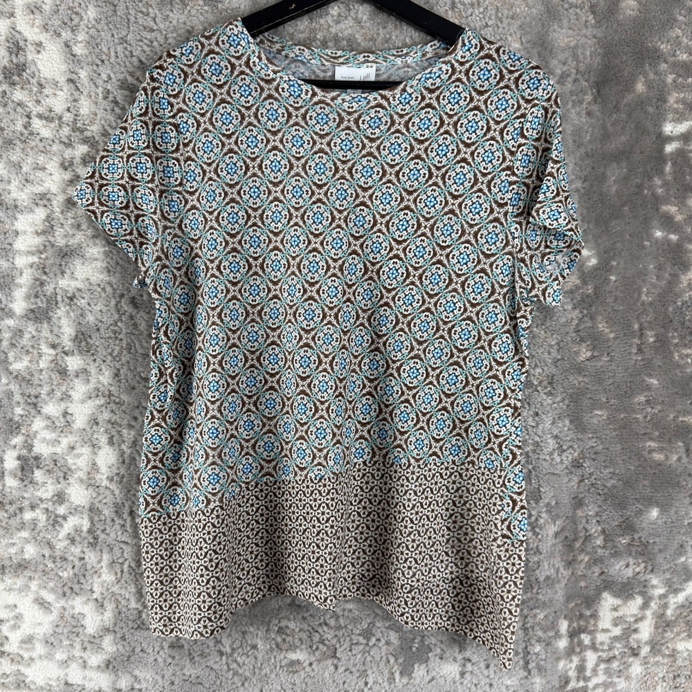 J. Jill Sz M Love Linen Tile Print Boho Lightweight Top Brown Short Sleeve Women
